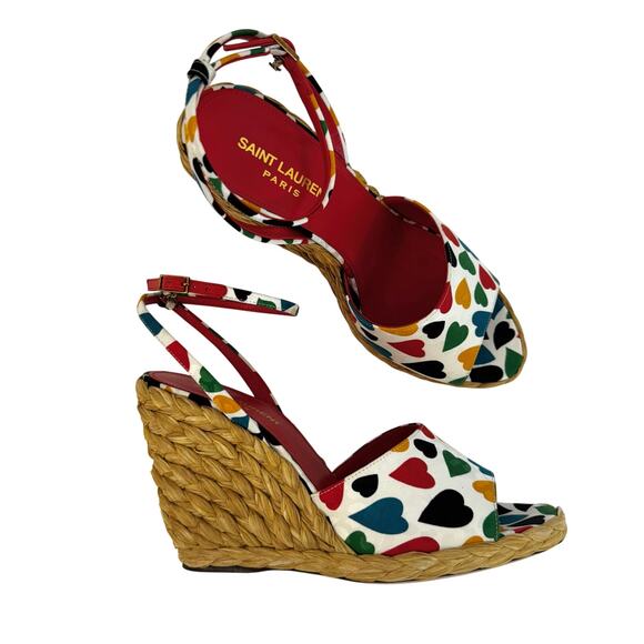 Saint Laurent Paloma Heart-Print Wedge Wicker Espadrilles Sandals 38.5 (US 8.5) - Picture 1 of 16